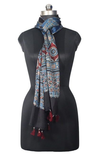Ajrakh Modal Silk Natural Dye Hand Block Print Stole With Tassels - 2 Mtr Length   -  SKU : EK2890AC