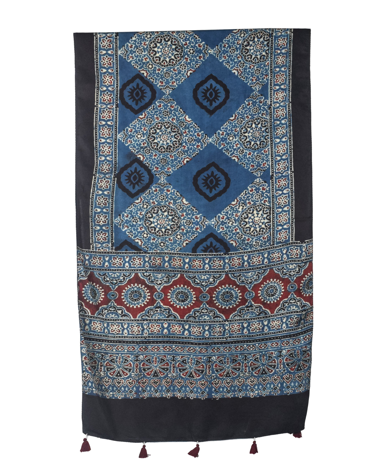 Ajrakh Modal Silk Natural Dye Hand Block Print Stole With Tassels - 2 Mtr Length   -  SKU : EK2890AC