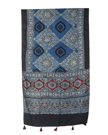 Ajrakh Modal Silk Natural Dye Hand Block Print Stole With Tassels - 2 Mtr Length   -  SKU : EK2890AC