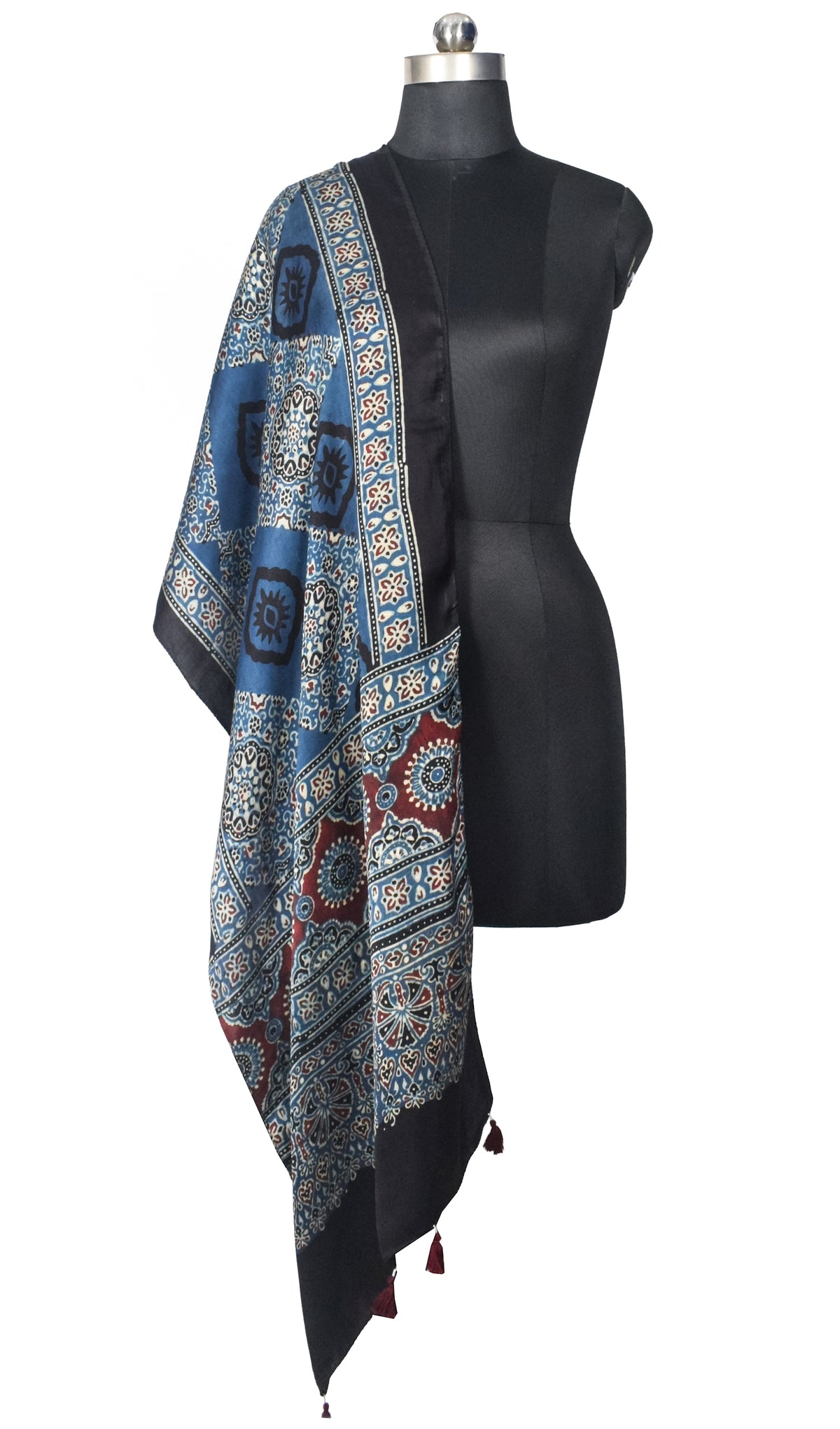 Ajrakh Modal Silk Natural Dye Hand Block Print Stole With Tassels - 2 Mtr Length   -  SKU : EK2890AC