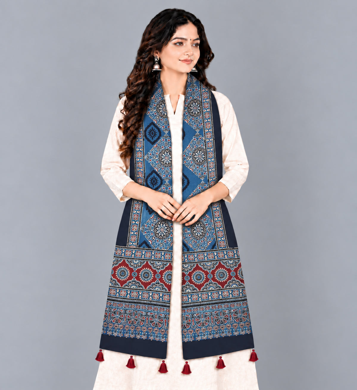 Ajrakh Modal Silk Natural Dye Hand Block Print Stole With Tassels - 2 Mtr Length   -  SKU : EK2890AC