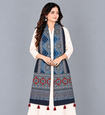 Ajrakh Modal Silk Natural Dye Hand Block Print Stole With Tassels - 2 Mtr Length   -  SKU : EK2890AC