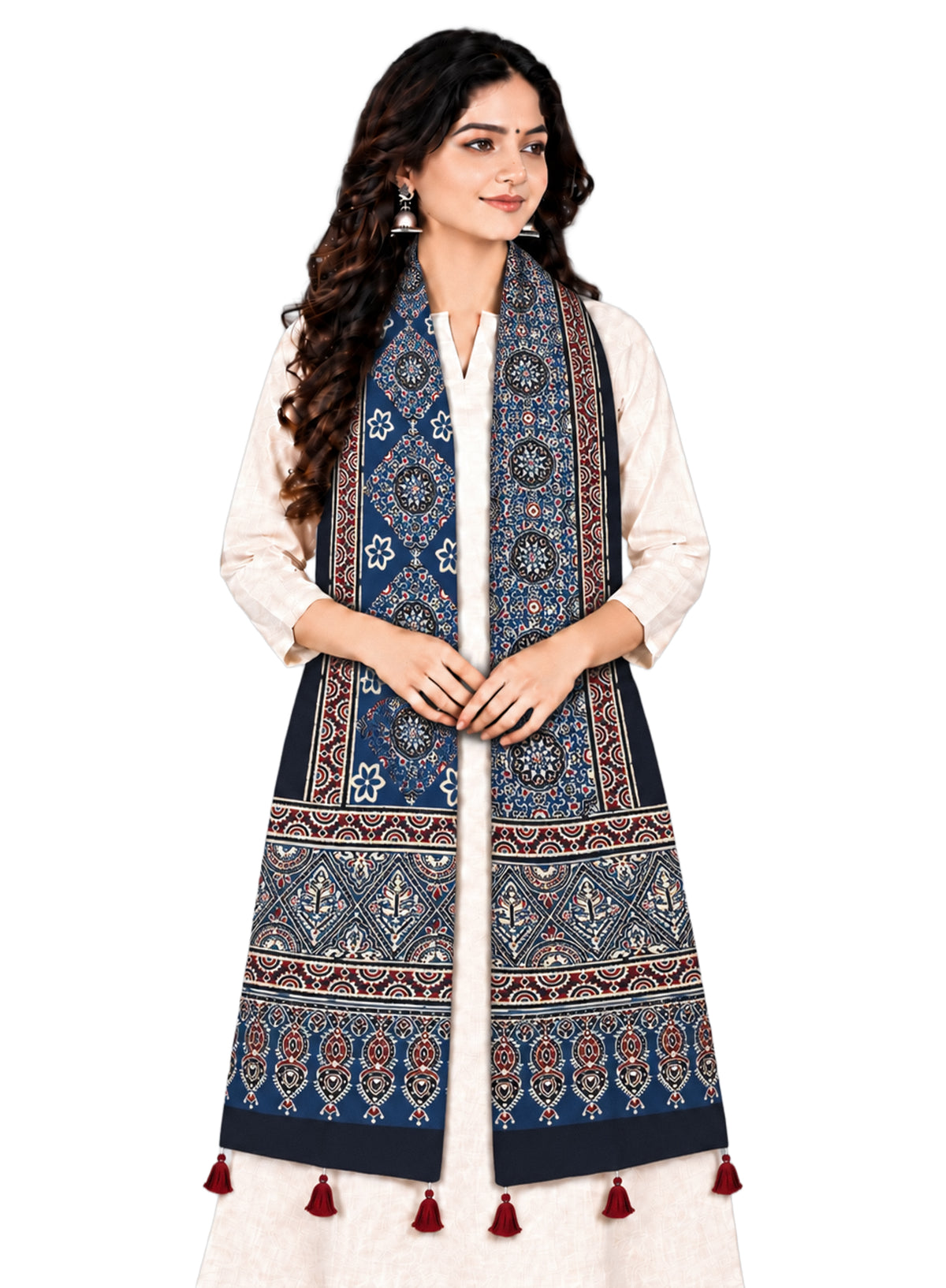 Ajrakh Modal Silk Natural Dye Hand Block Print Stole With Tassels - 2 Mtr Length   -  SKU : EK2890AD