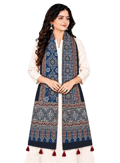 Ajrakh Modal Silk Natural Dye Hand Block Print Stole With Tassels - 2 Mtr Length   -  SKU : EK2890AD