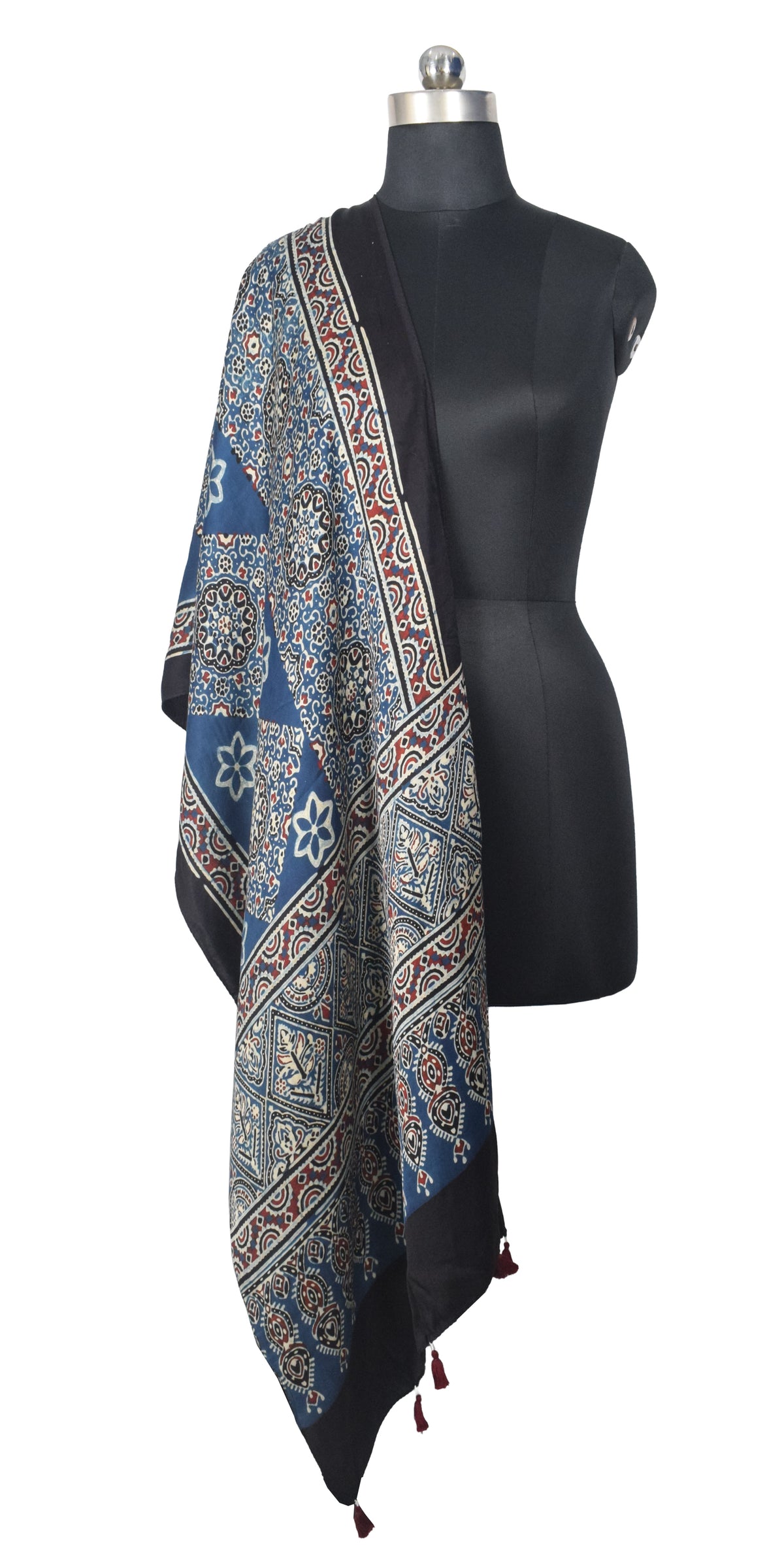 Ajrakh Modal Silk Natural Dye Hand Block Print Stole With Tassels - 2 Mtr Length   -  SKU : EK2890AD