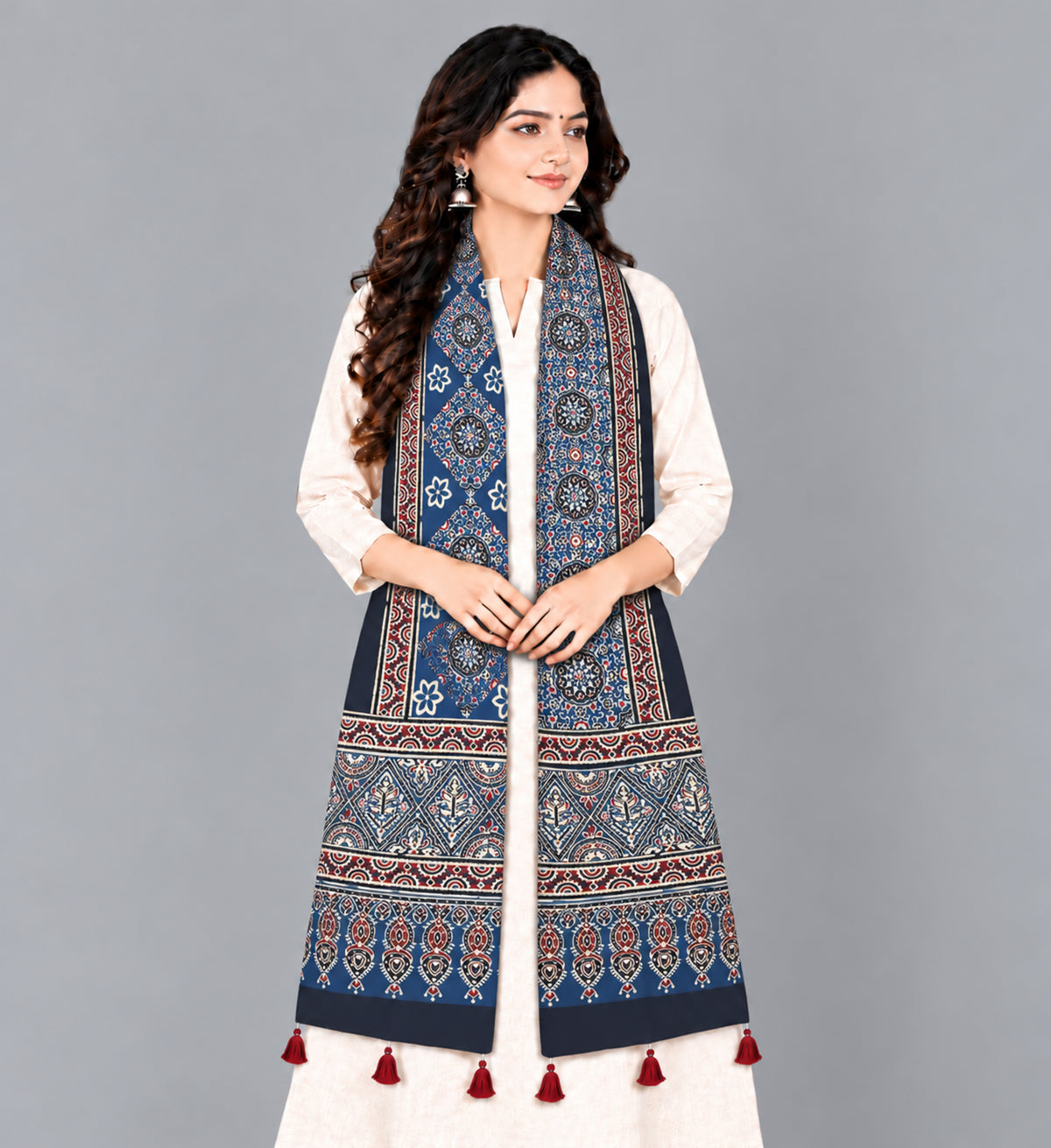 Ajrakh Modal Silk Natural Dye Hand Block Print Stole With Tassels - 2 Mtr Length   -  SKU : EK2890AD
