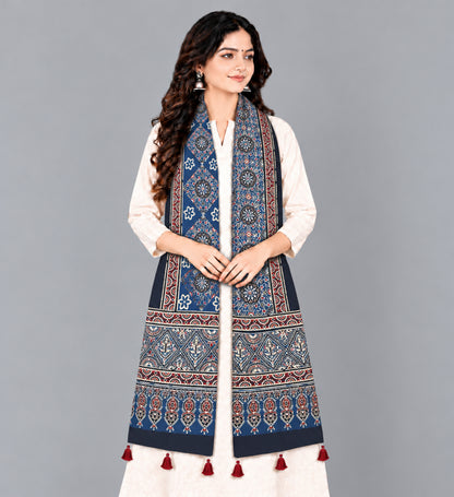 Ajrakh Modal Silk Natural Dye Hand Block Print Stole With Tassels - 2 Mtr Length   -  SKU : EK2890AD