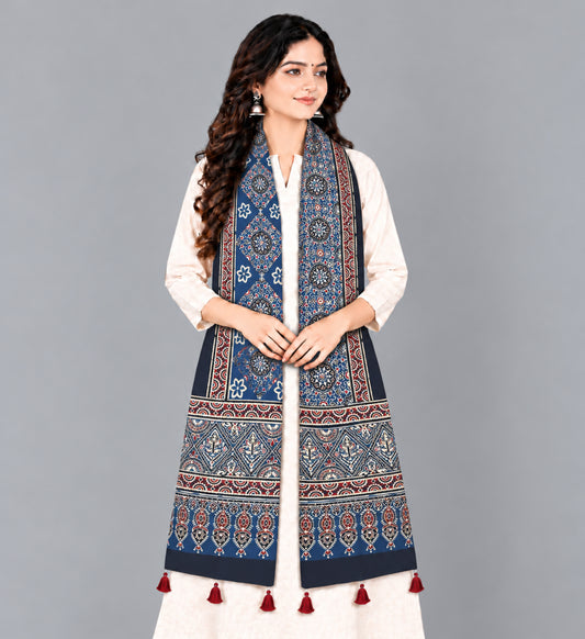 Ajrakh Modal Silk Natural Dye Hand Block Print Stole With Tassels - 2 Mtr Length   -  SKU : EK2890AD