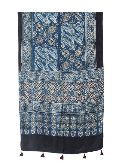 Ajrakh Modal Silk Natural Dye Hand Block Print Stole With Tassels - 2 Mtr Length   -  SKU : EK2890AE