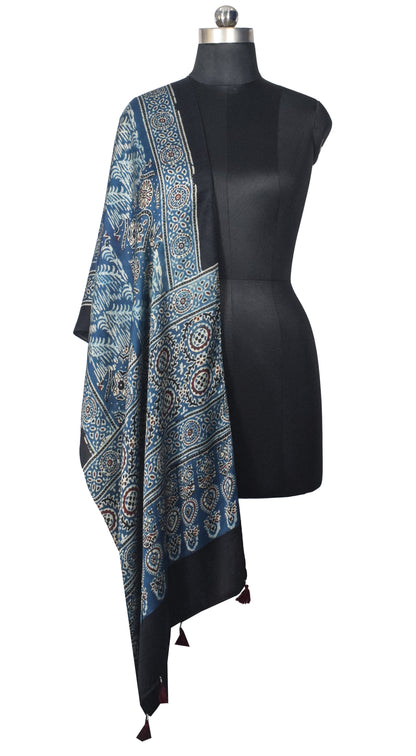 Ajrakh Modal Silk Natural Dye Hand Block Print Stole With Tassels - 2 Mtr Length   -  SKU : EK2890AE