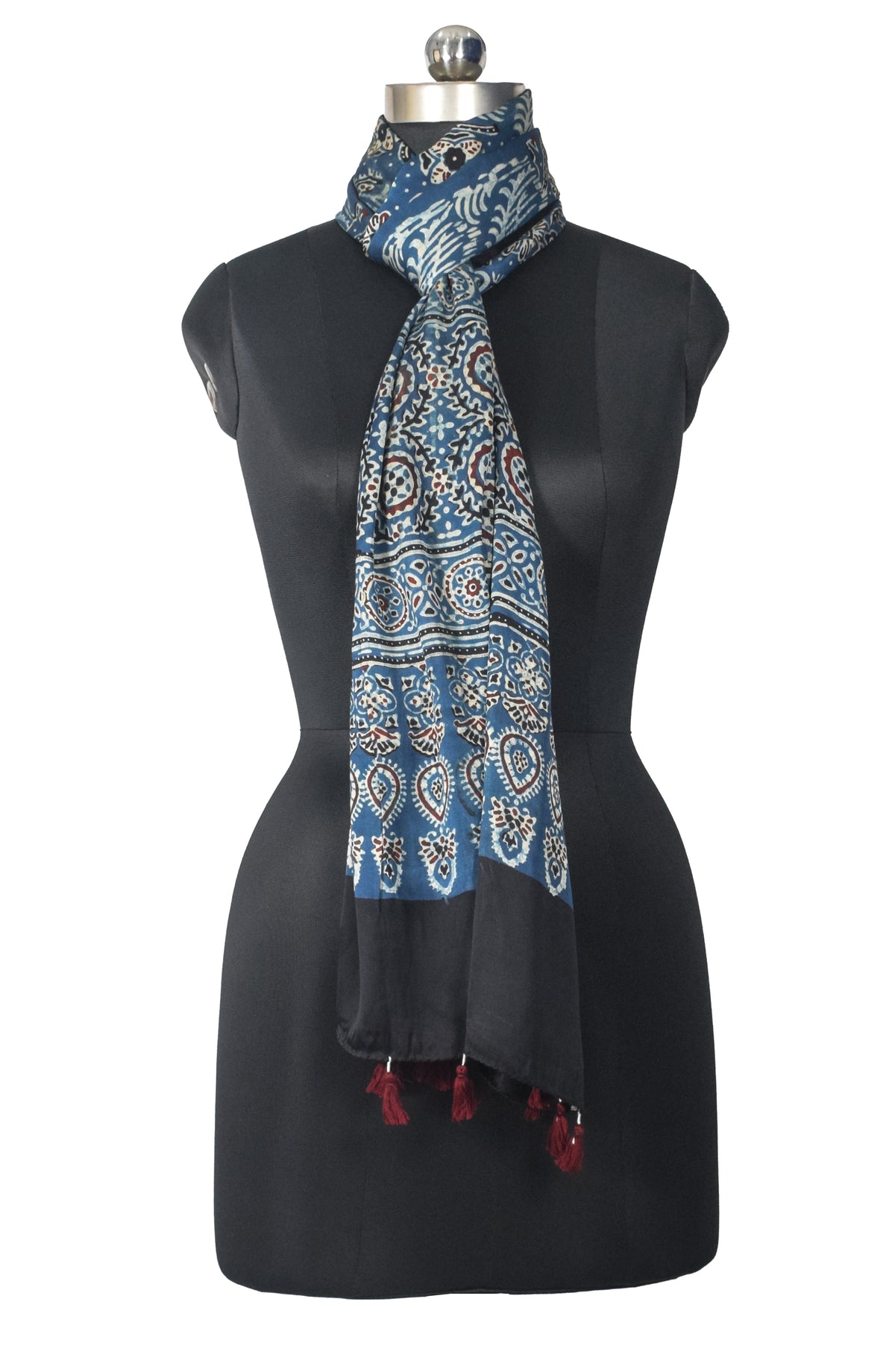 Ajrakh Modal Silk Natural Dye Hand Block Print Stole With Tassels - 2 Mtr Length   -  SKU : EK2890AE