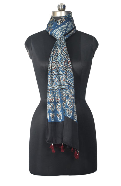 Ajrakh Modal Silk Natural Dye Hand Block Print Stole With Tassels - 2 Mtr Length   -  SKU : EK2890AE