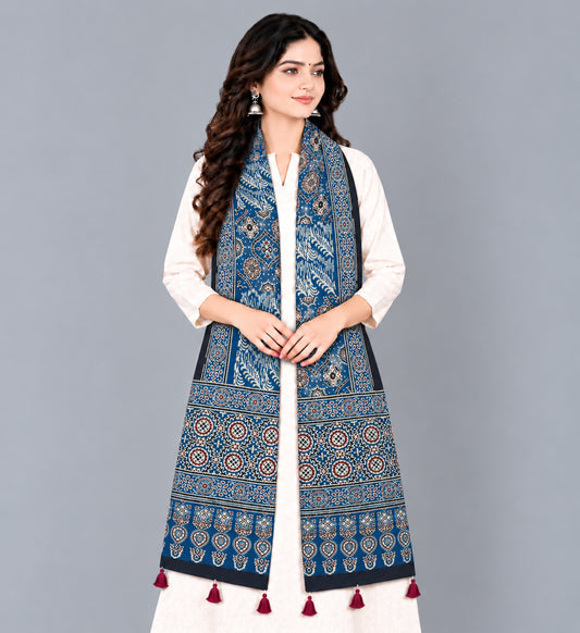Ajrakh Modal Silk Natural Dye Hand Block Print Stole With Tassels - 2 Mtr Length   -  SKU : EK2890AE