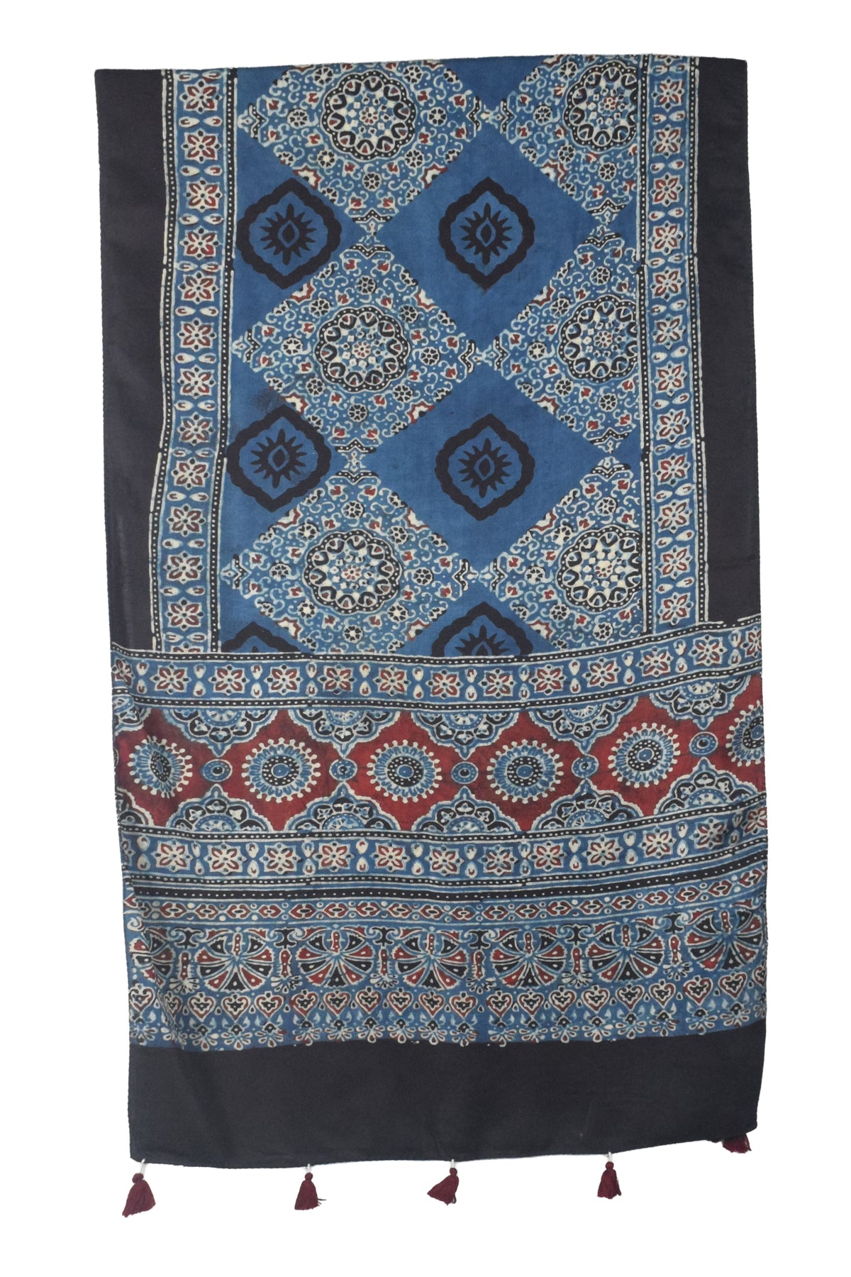 Ajrakh Modal Silk Natural Dye Hand Block Print Stole With Tassels - 2 Mtr Length   -  SKU : EK2890AF