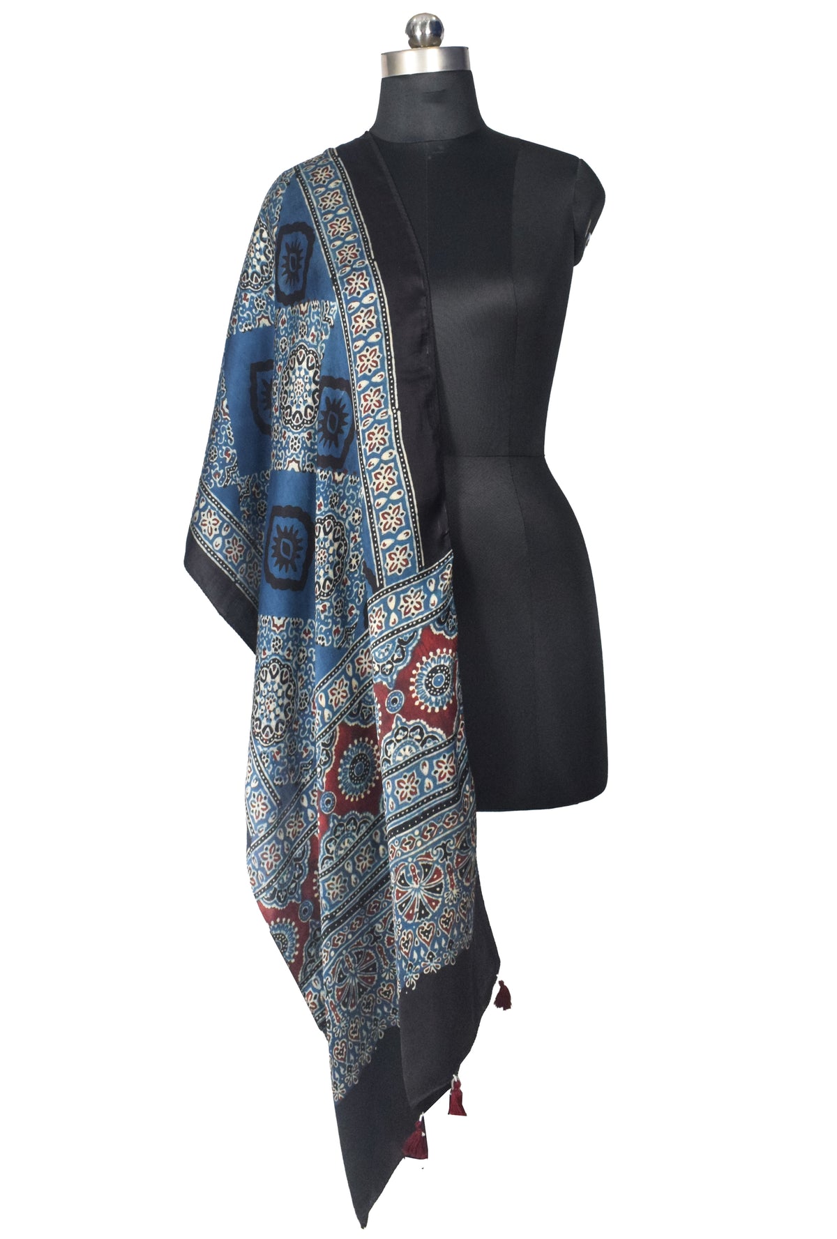 Ajrakh Modal Silk Natural Dye Hand Block Print Stole With Tassels - 2 Mtr Length   -  SKU : EK2890AF