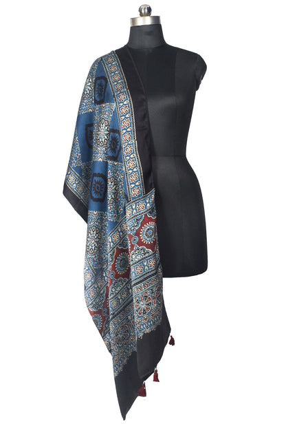 Ajrakh Modal Silk Natural Dye Hand Block Print Stole With Tassels - 2 Mtr Length   -  SKU : EK2890AF