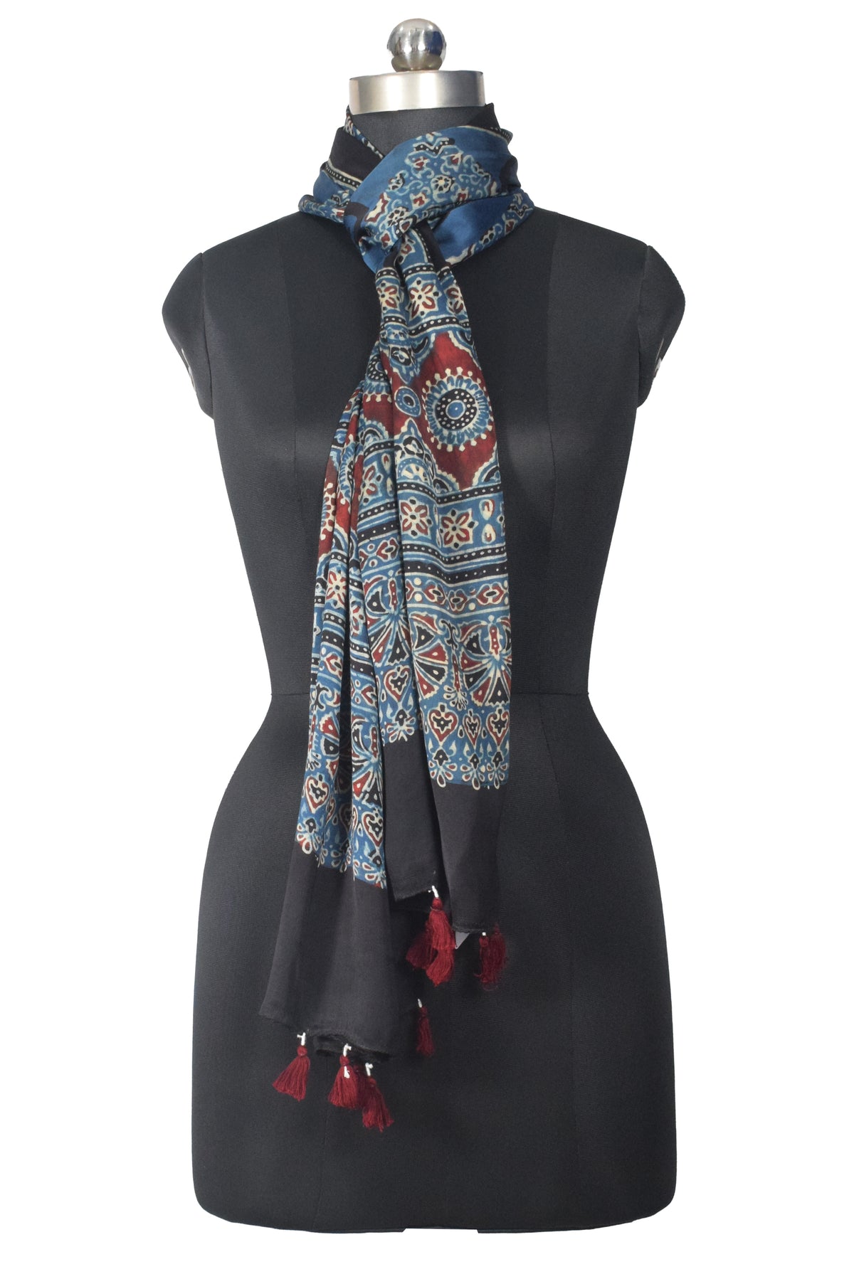 Ajrakh Modal Silk Natural Dye Hand Block Print Stole With Tassels - 2 Mtr Length   -  SKU : EK2890AF