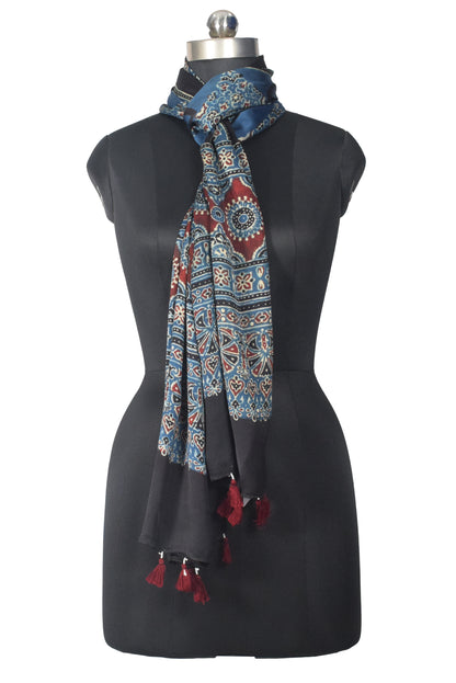 Ajrakh Modal Silk Natural Dye Hand Block Print Stole With Tassels - 2 Mtr Length   -  SKU : EK2890AF