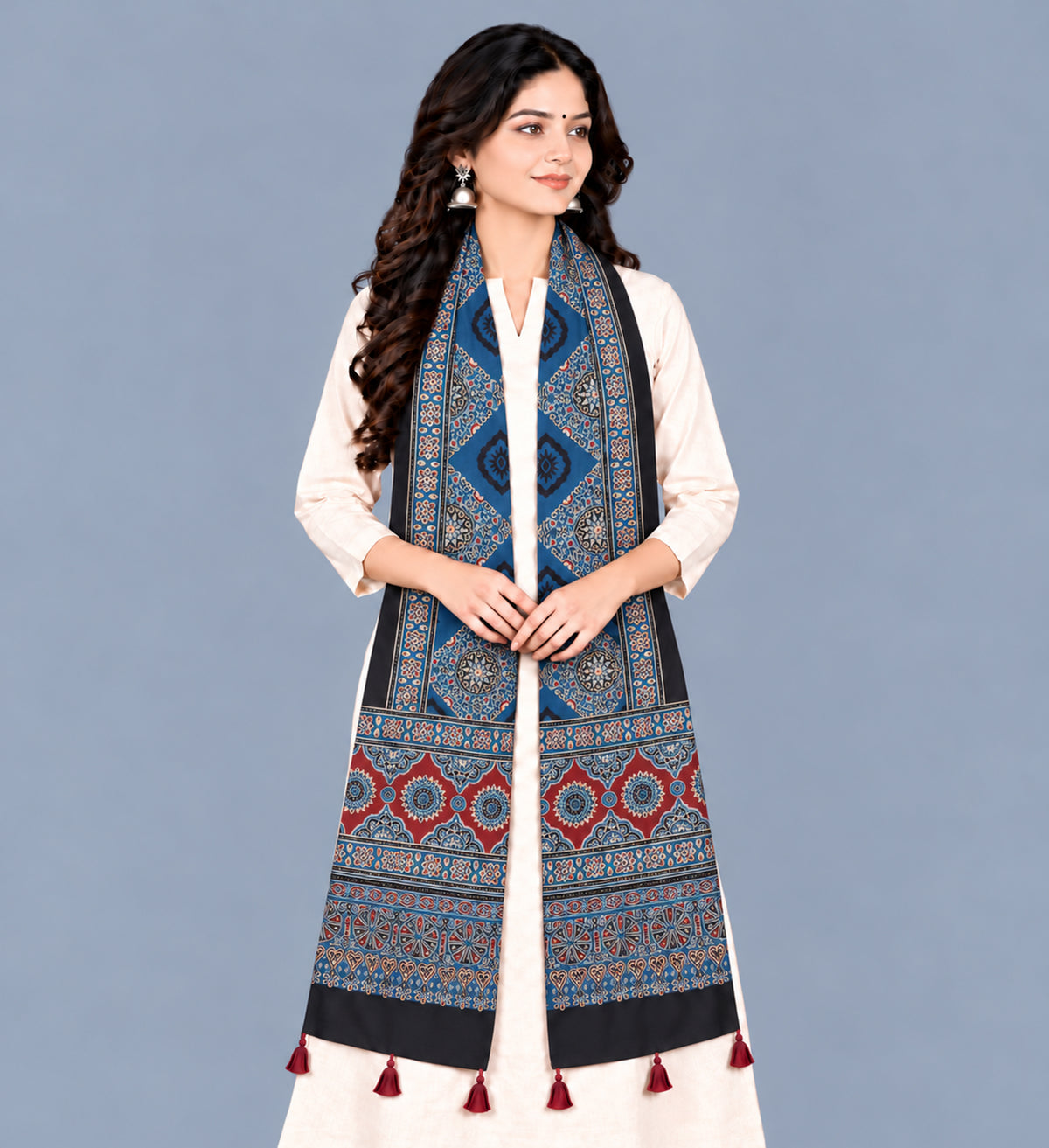 Ajrakh Modal Silk Natural Dye Hand Block Print Stole With Tassels - 2 Mtr Length   -  SKU : EK2890AF