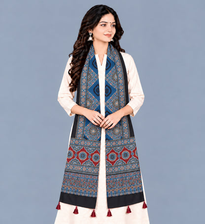 Ajrakh Modal Silk Natural Dye Hand Block Print Stole With Tassels - 2 Mtr Length   -  SKU : EK2890AF