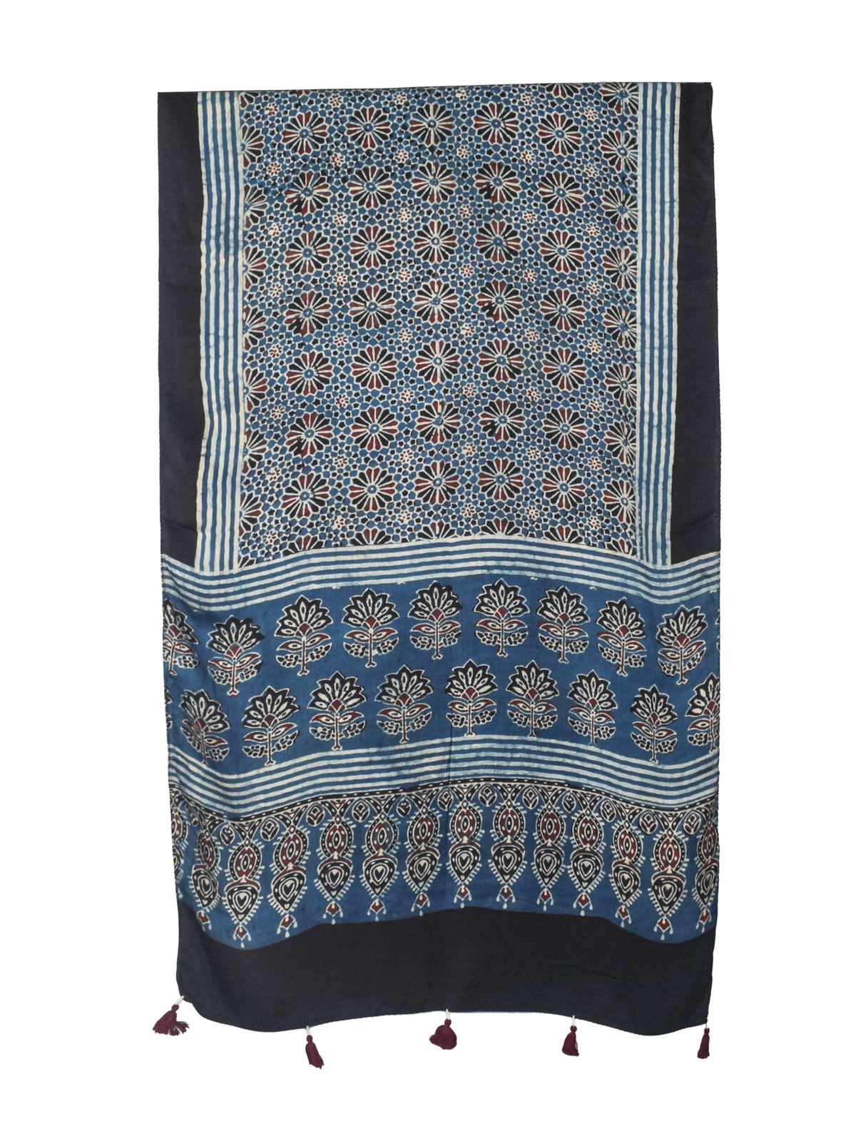 Ajrakh Modal Silk Natural Dye Hand Block Print Stole With Tassels - 2 Mtr Length   -  SKU : EK2890AG