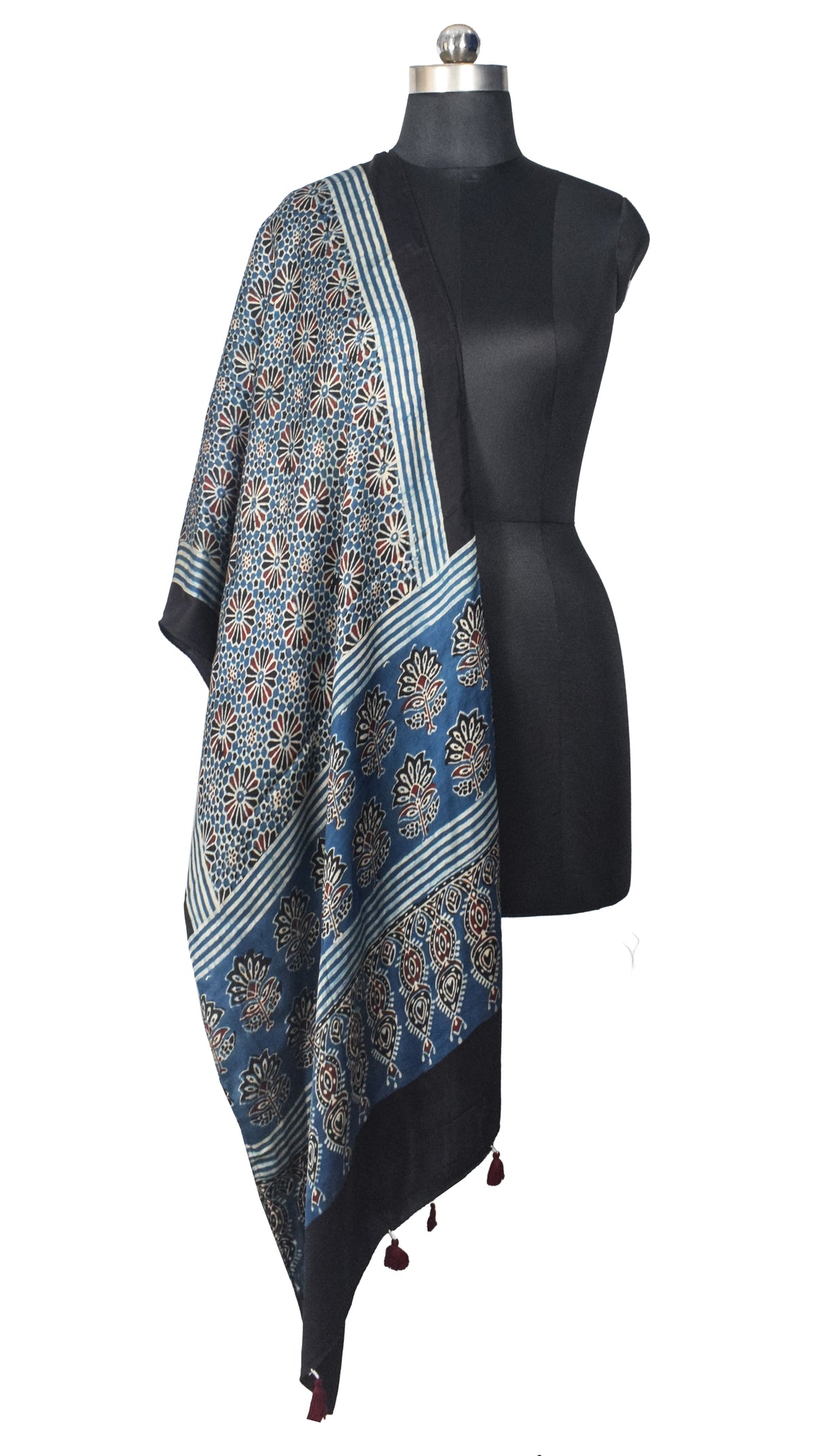 Ajrakh Modal Silk Natural Dye Hand Block Print Stole With Tassels - 2 Mtr Length   -  SKU : EK2890AG
