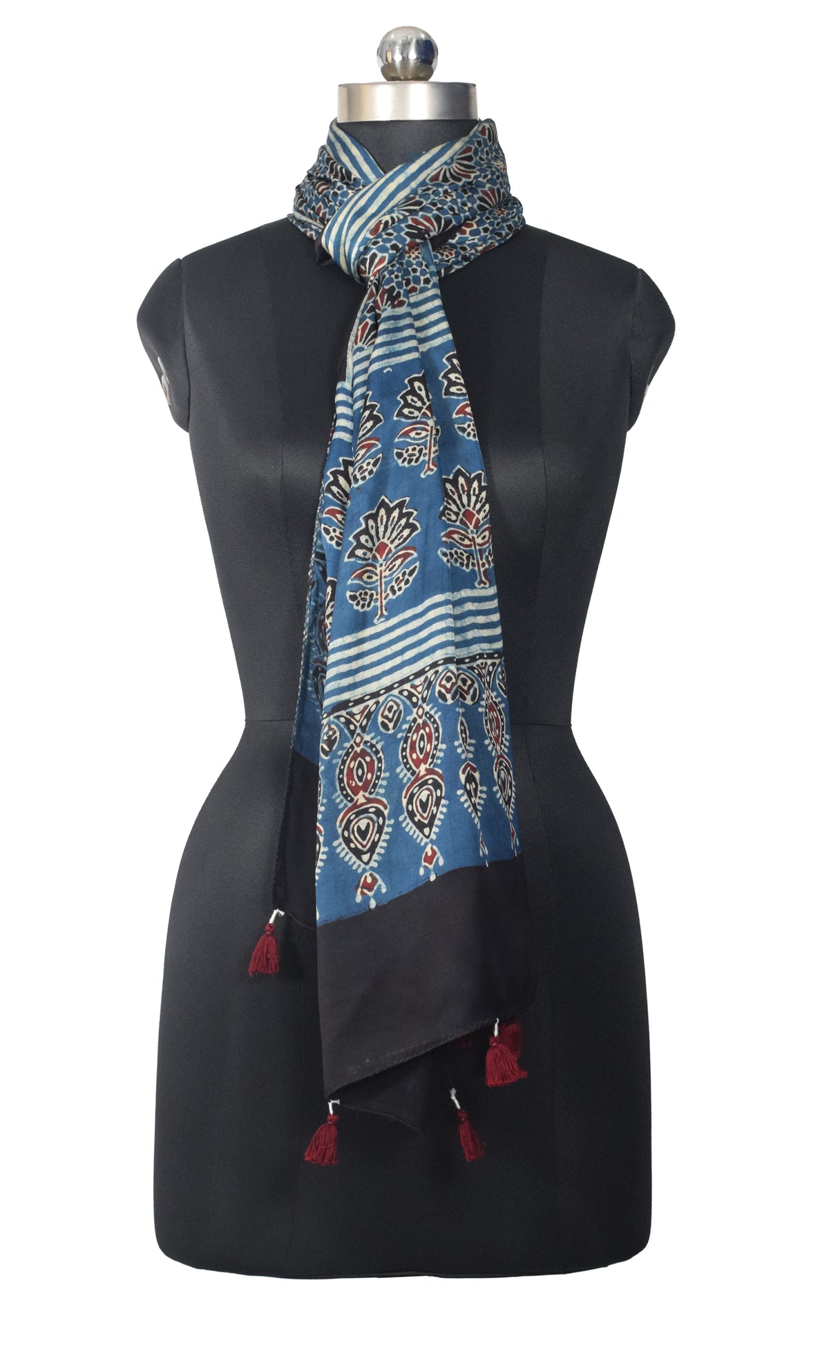 Ajrakh Modal Silk Natural Dye Hand Block Print Stole With Tassels - 2 Mtr Length   -  SKU : EK2890AG