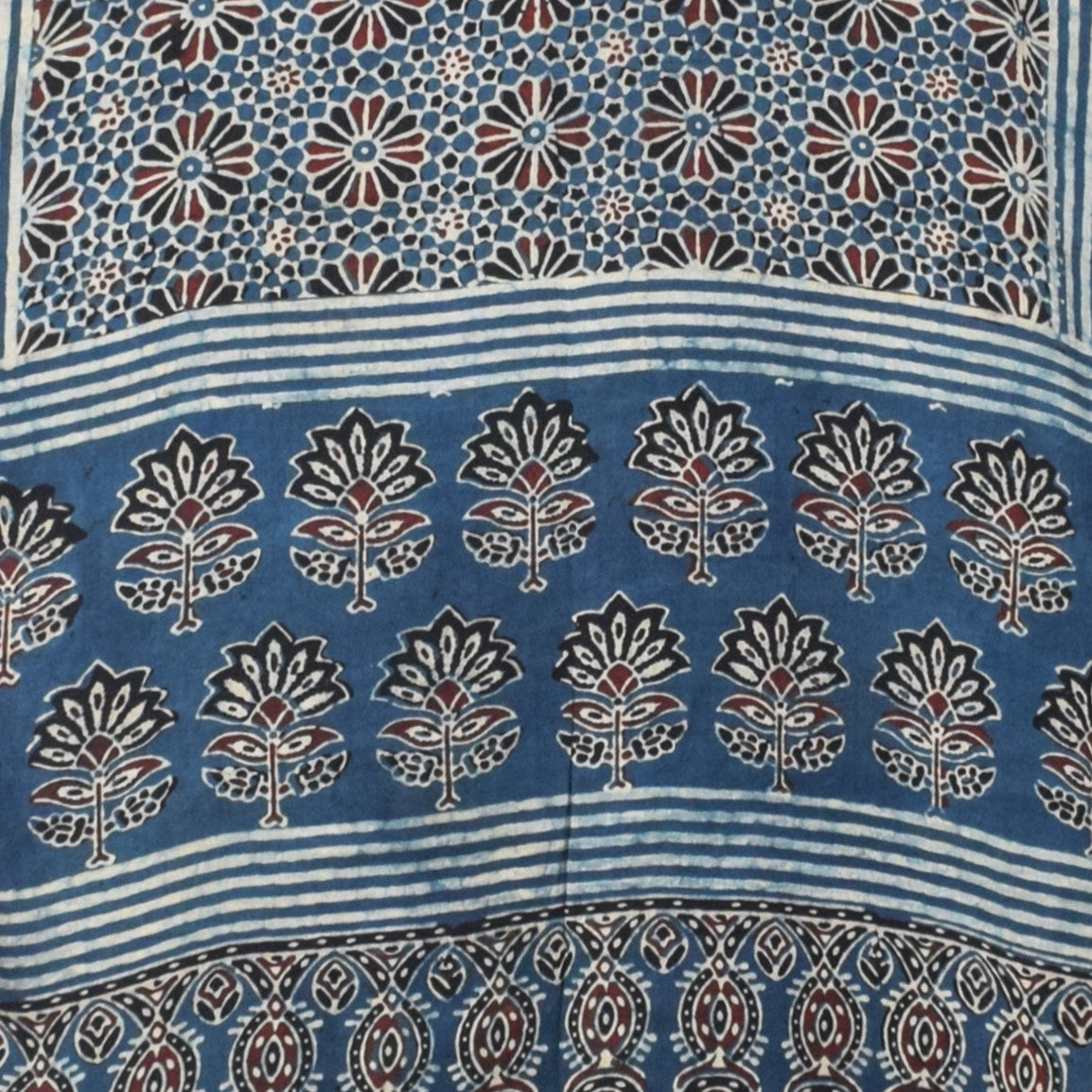 Ajrakh Modal Silk Natural Dye Hand Block Print Stole With Tassels - 2 Mtr Length   -  SKU : EK2890AG
