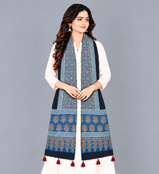 Ajrakh Modal Silk Natural Dye Hand Block Print Stole With Tassels - 2 Mtr Length   -  SKU : EK2890AG