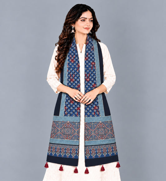 Ajrakh Modal Silk Natural Dye Hand Block Print Stole With Tassels - 2 Mtr Length   -  SKU : EK2890AH
