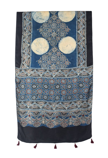 Ajrakh Modal Silk Natural Dye Hand Block Print Stole With Tassels - 2 Mtr Length   -  SKU : EK2890AI