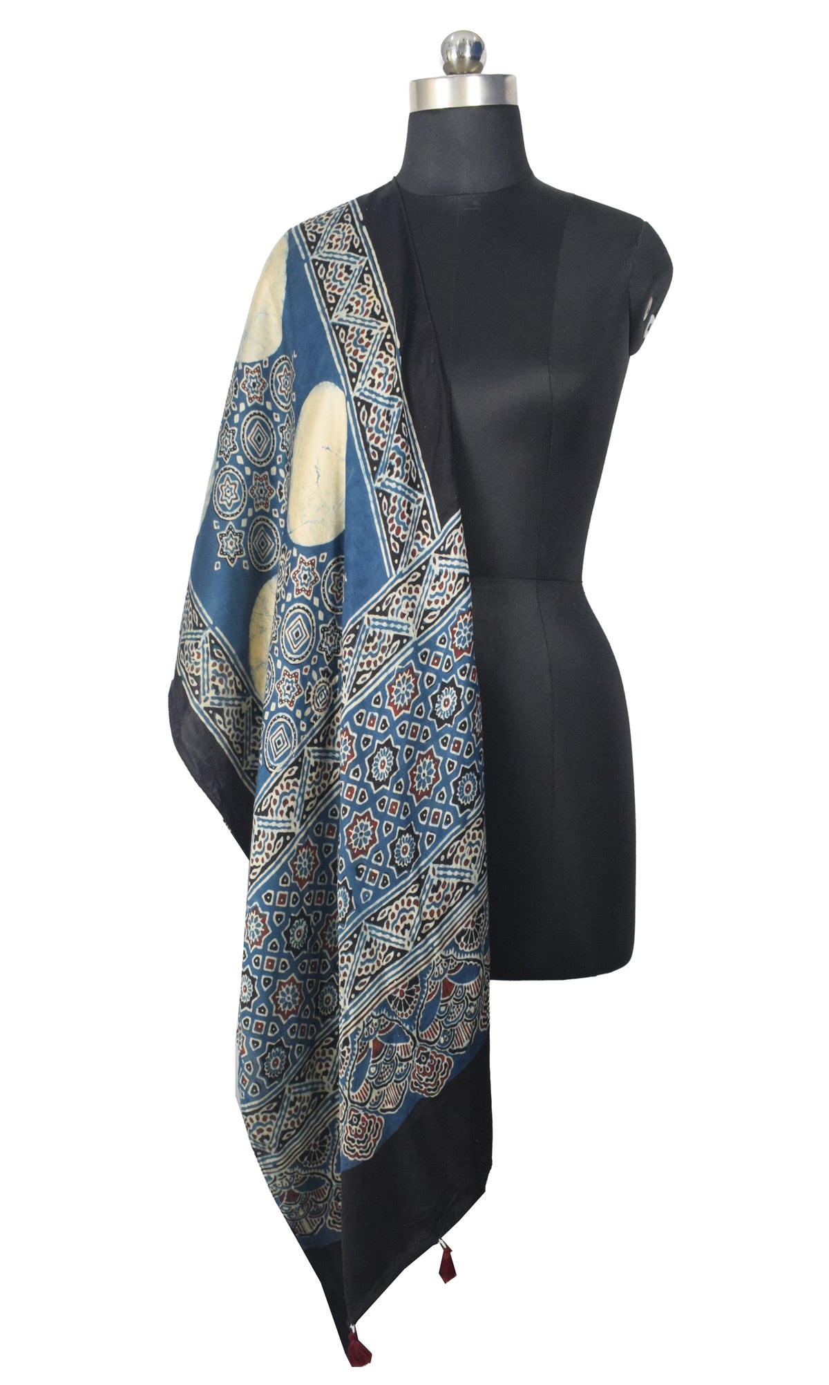 Ajrakh Modal Silk Natural Dye Hand Block Print Stole With Tassels - 2 Mtr Length   -  SKU : EK2890AI
