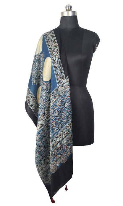Ajrakh Modal Silk Natural Dye Hand Block Print Stole With Tassels - 2 Mtr Length   -  SKU : EK2890AI