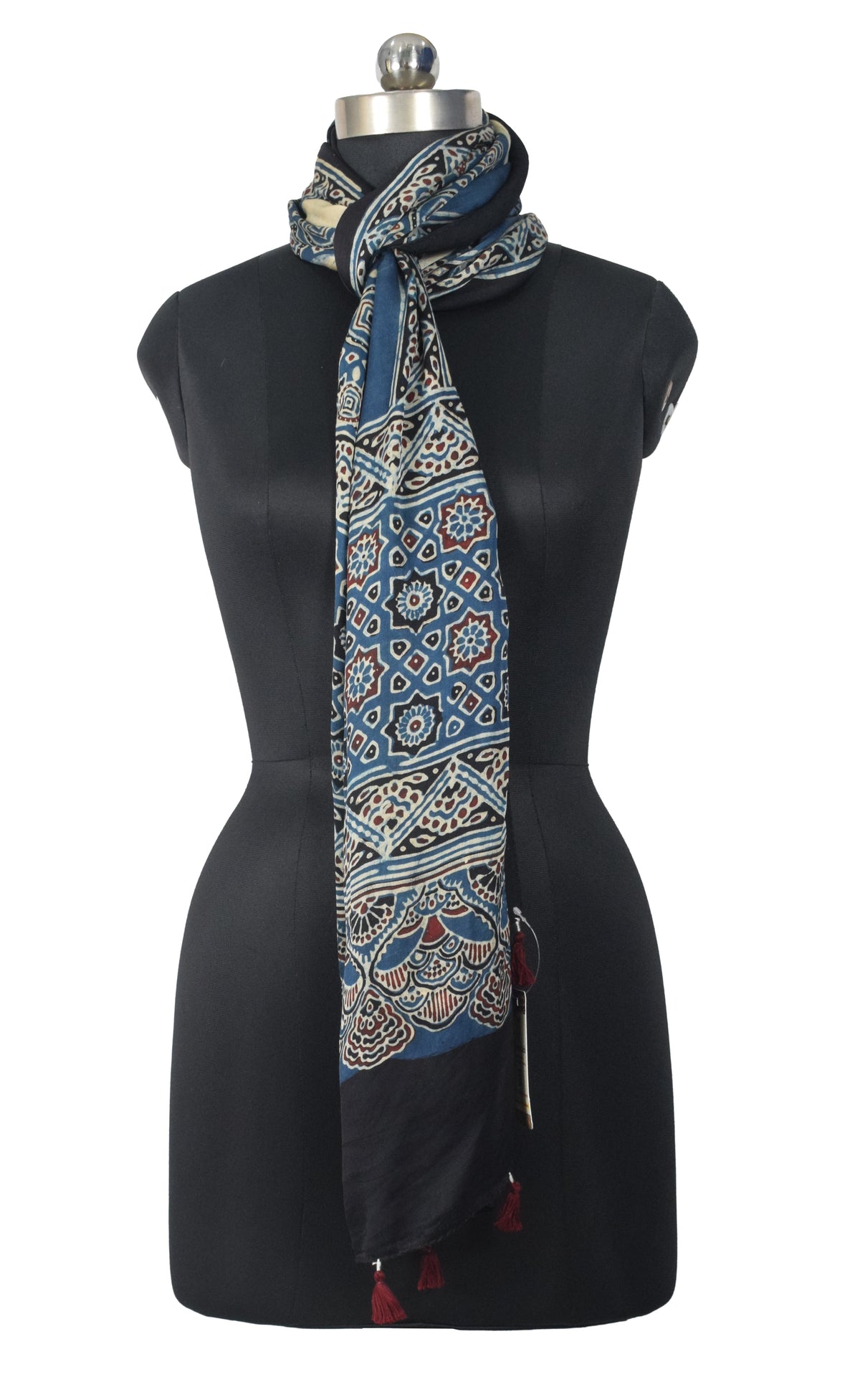 Ajrakh Modal Silk Natural Dye Hand Block Print Stole With Tassels - 2 Mtr Length   -  SKU : EK2890AI