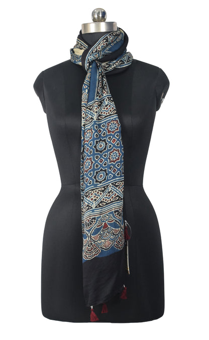 Ajrakh Modal Silk Natural Dye Hand Block Print Stole With Tassels - 2 Mtr Length   -  SKU : EK2890AI