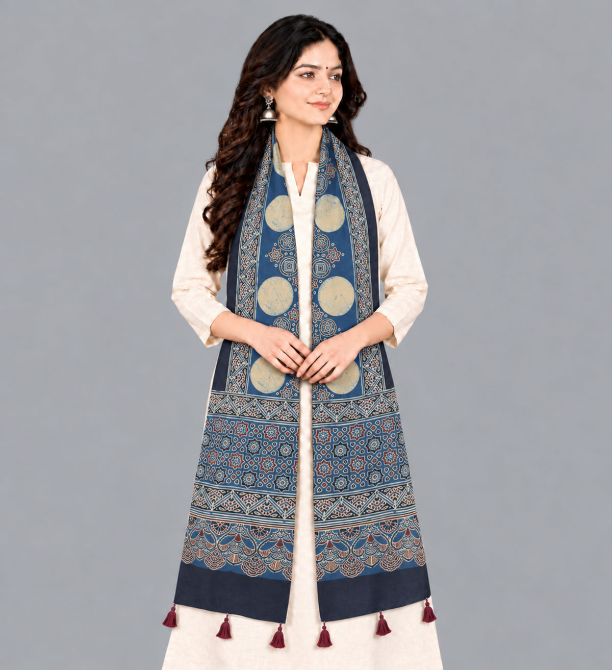 Ajrakh Modal Silk Natural Dye Hand Block Print Stole With Tassels - 2 Mtr Length   -  SKU : EK2890AI