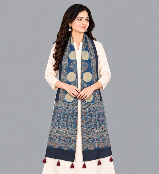 Ajrakh Modal Silk Natural Dye Hand Block Print Stole With Tassels - 2 Mtr Length   -  SKU : EK2890AI