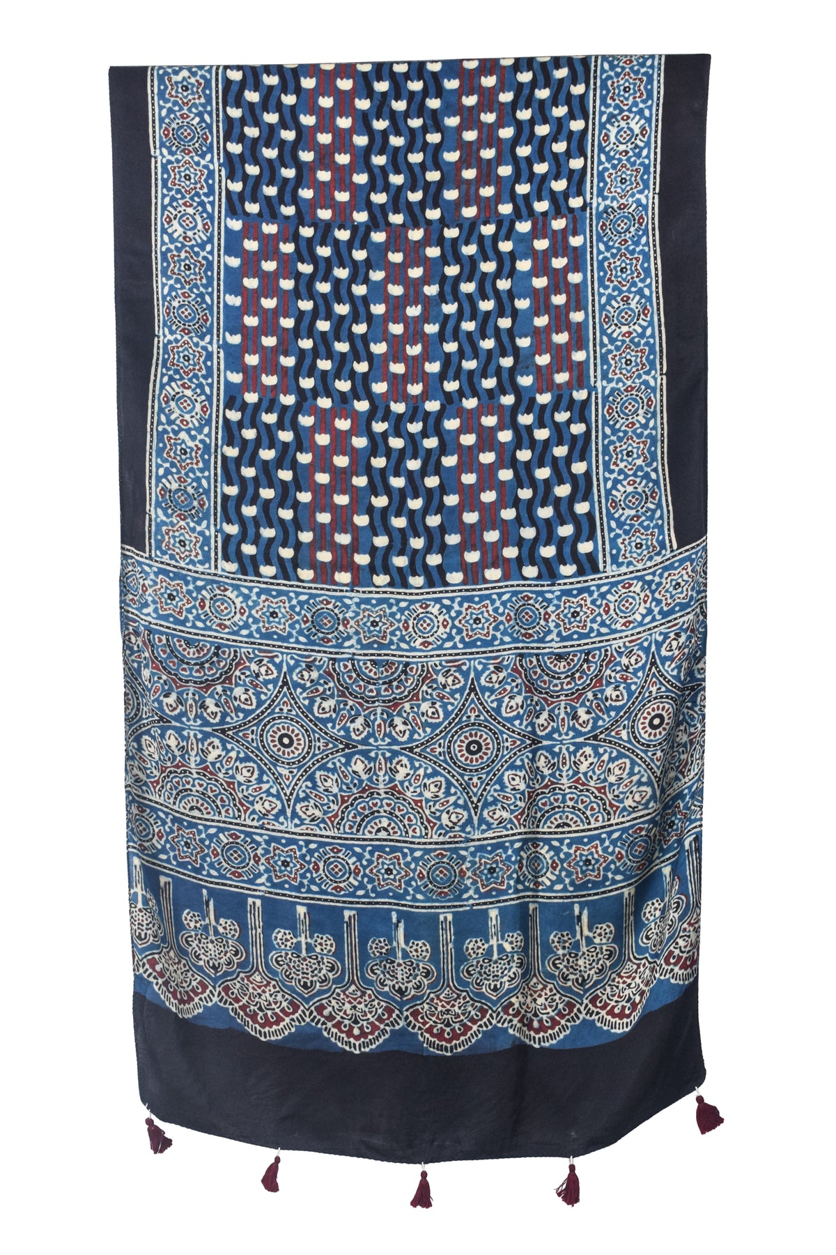 Ajrakh Modal Silk Natural Dye Hand Block Print Stole With Tassels - 2 Mtr Length   -  SKU : EK2890AJ
