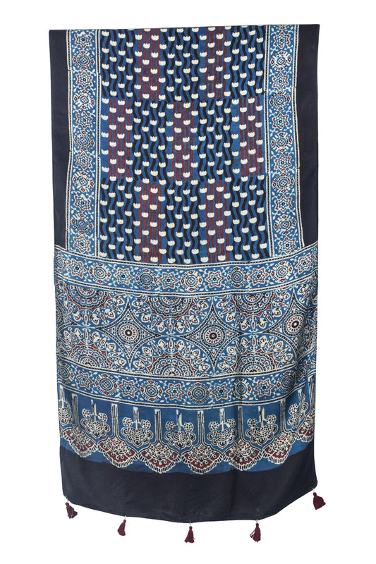 Ajrakh Modal Silk Natural Dye Hand Block Print Stole With Tassels - 2 Mtr Length   -  SKU : EK2890AJ