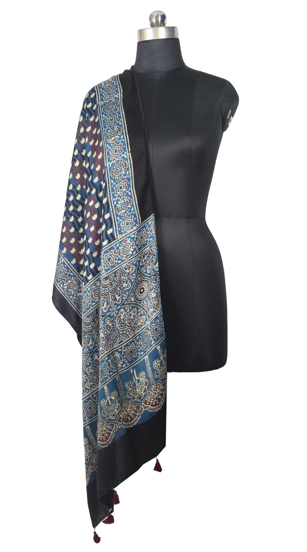 Ajrakh Modal Silk Natural Dye Hand Block Print Stole With Tassels - 2 Mtr Length   -  SKU : EK2890AJ
