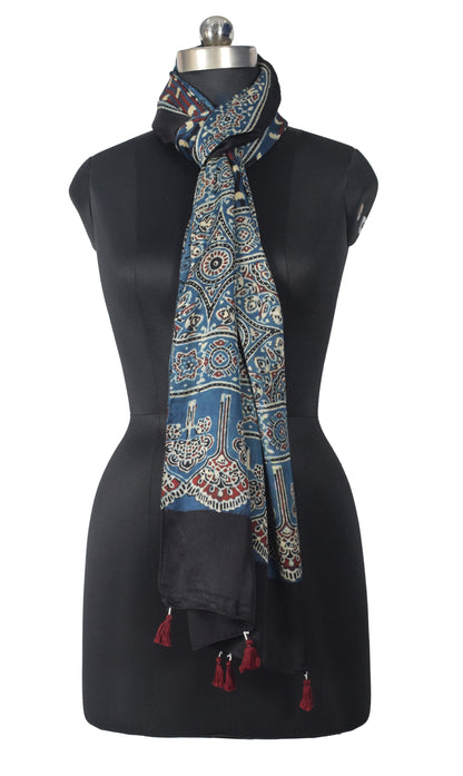 Ajrakh Modal Silk Natural Dye Hand Block Print Stole With Tassels - 2 Mtr Length   -  SKU : EK2890AJ