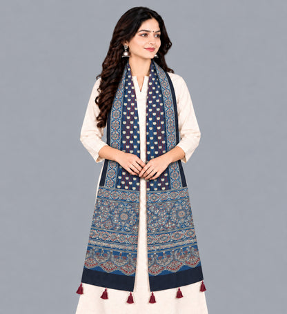 Ajrakh Modal Silk Natural Dye Hand Block Print Stole With Tassels - 2 Mtr Length   -  SKU : EK2890AJ