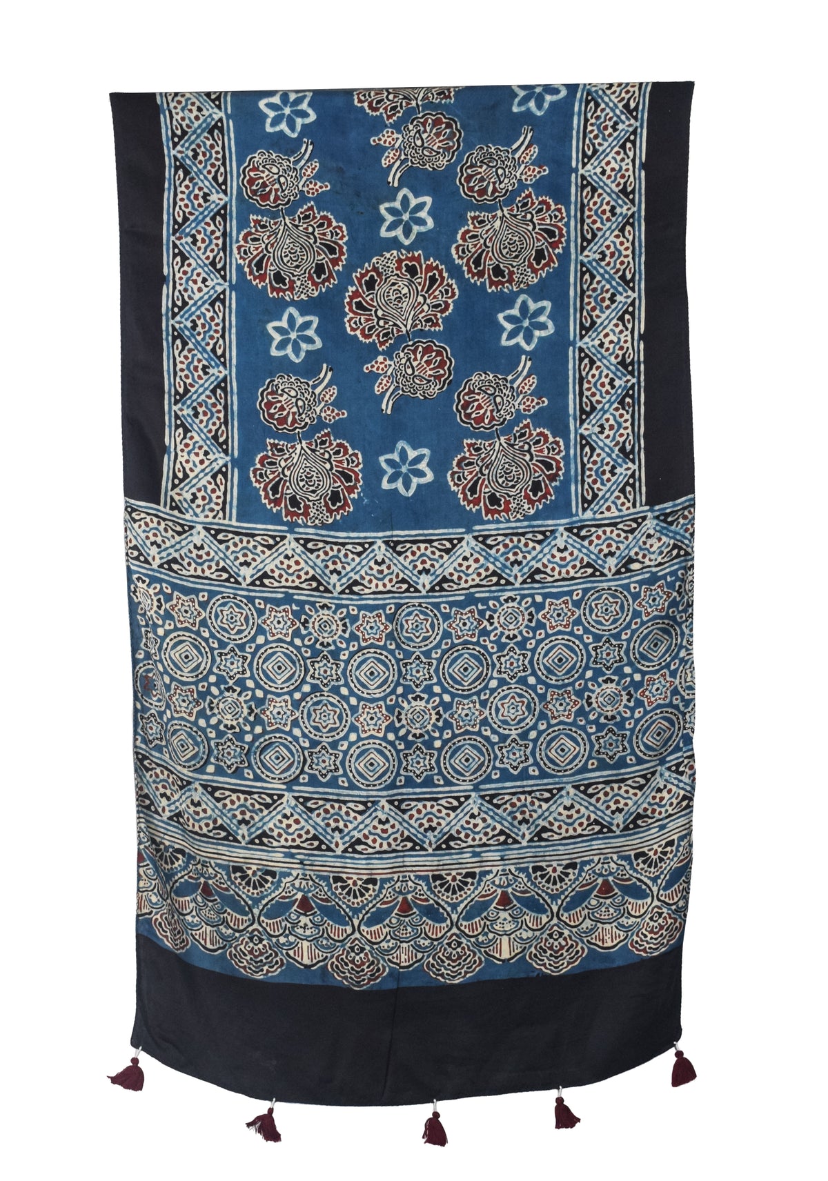 Ajrakh Modal Silk Natural Dye Hand Block Print Stole With Tassels - 2 Mtr Length   -  SKU : EK2890AK