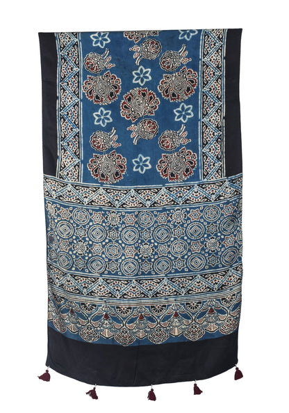 Ajrakh Modal Silk Natural Dye Hand Block Print Stole With Tassels - 2 Mtr Length   -  SKU : EK2890AK