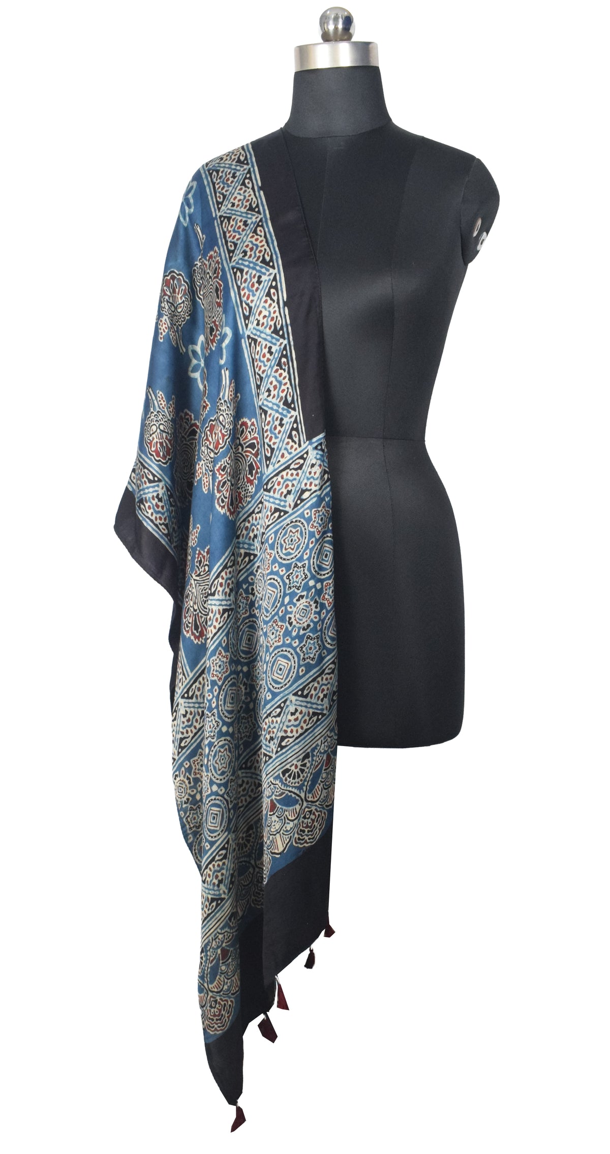 Ajrakh Modal Silk Natural Dye Hand Block Print Stole With Tassels - 2 Mtr Length   -  SKU : EK2890AK