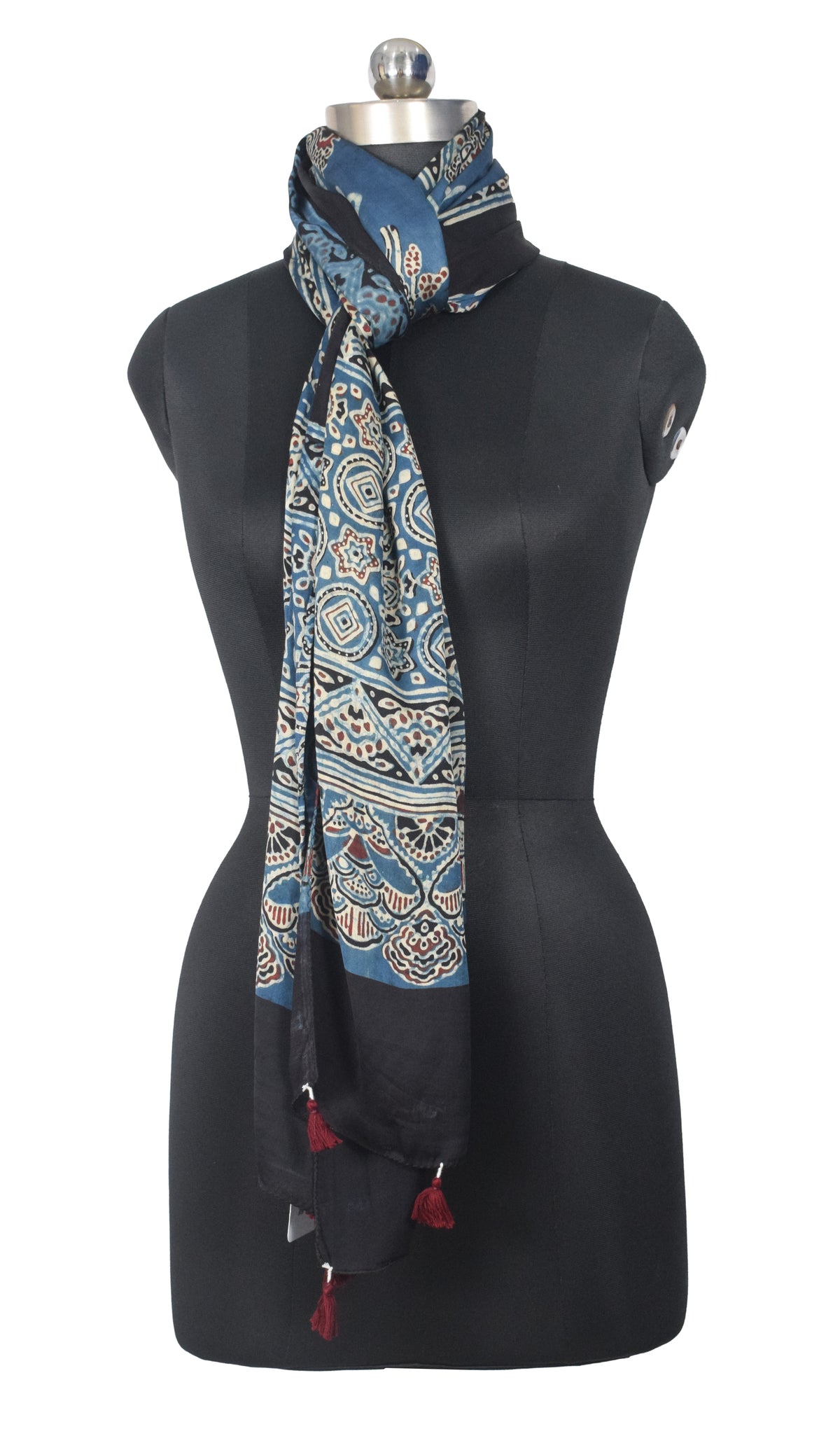 Ajrakh Modal Silk Natural Dye Hand Block Print Stole With Tassels - 2 Mtr Length   -  SKU : EK2890AK