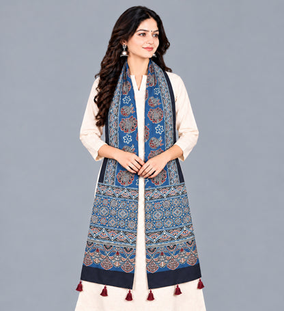 Ajrakh Modal Silk Natural Dye Hand Block Print Stole With Tassels - 2 Mtr Length   -  SKU : EK2890AK