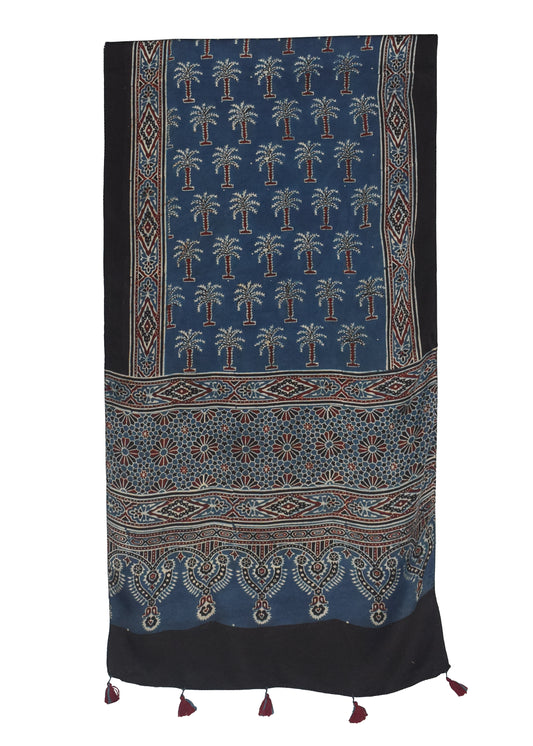 Ajrakh Modal Silk Natural Dye Hand Block Print Stole With Tassels - 2 Mtr Length    -  SKU : ID07C01C