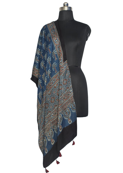 Ajrakh Modal Silk Natural Dye Hand Block Print Stole With Tassels - 2 Mtr Length    -  SKU : ID07C01C