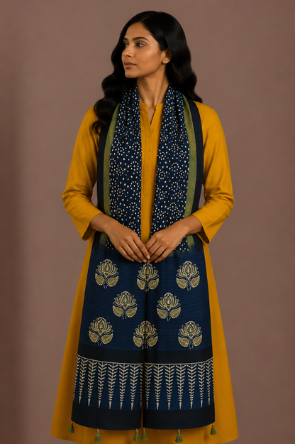 Ajrakh Modal Silk Natural Dye Hand Block Print Stole With Tassels - 2 Mtr Length    -  SKU : AI26901O
